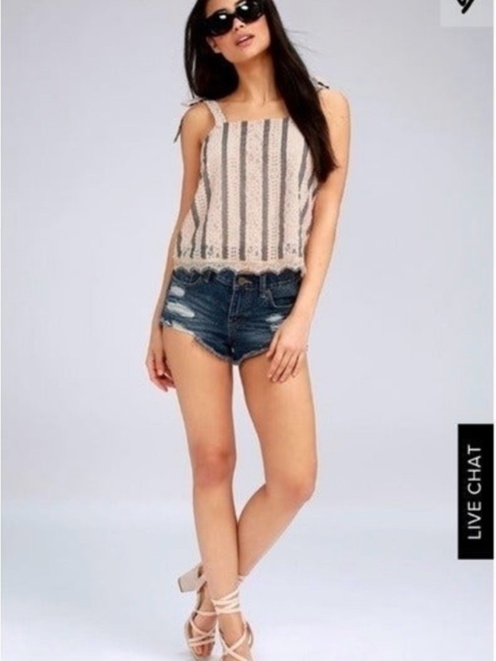 J.O.A. Lace Stripe Tie Shoulder Crop Top Fringe Hem NWT Boho